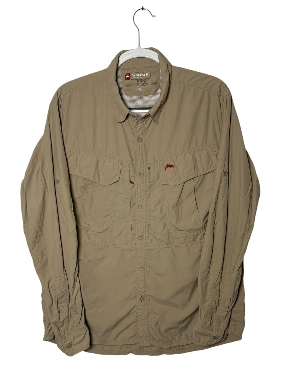 Simms Guide Series Fishing Shirt Utility Outdoor Button Down Khaki Tan Large
